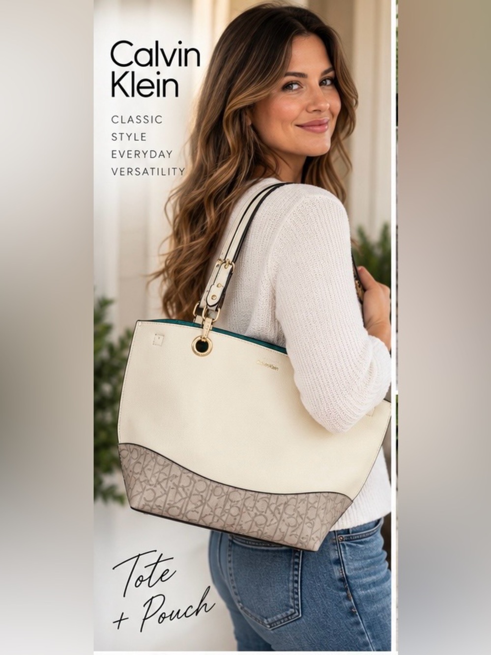 Calvin Klein Ivory CK Monogram Tote + Detachable Wristlet Pouch